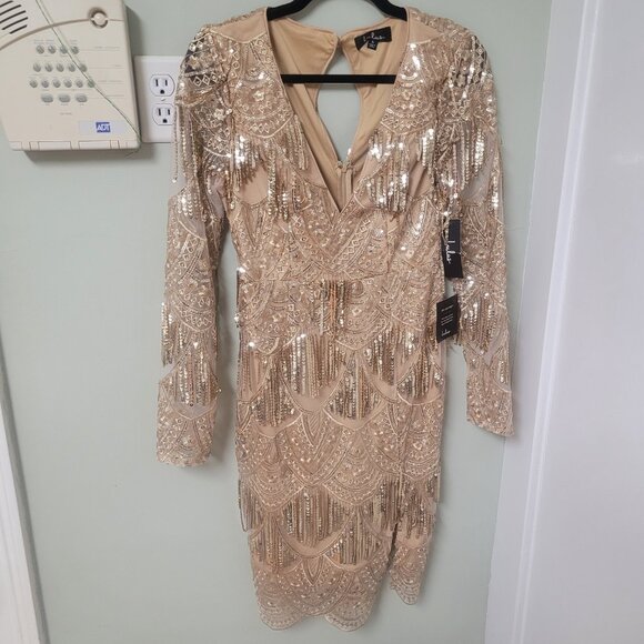 Lulu's Awe-Inspiring Gold Embroidered Sequin Midi Dress Size Small NWT - Picture 9 of 10
